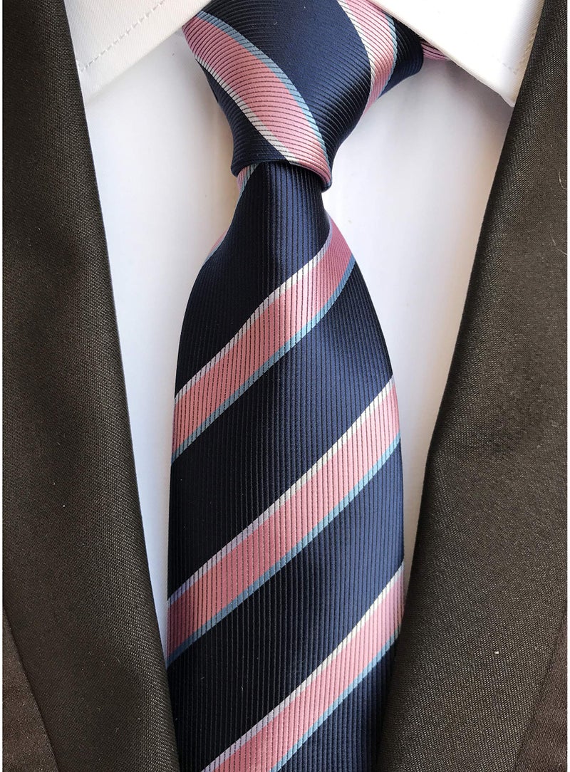 Elfeves Men's Pink and Navy BLUE Ties Striped Patterned Graduation Student Silk Neckties - Image 2